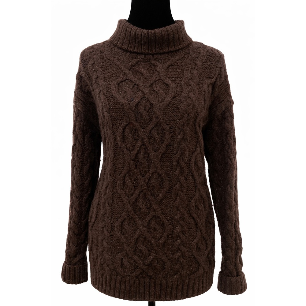 Skye Knitwear‎ Womens Fisherman Turtleneck Sweater Large Brown Cable Knit Wool